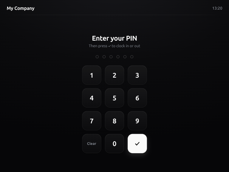 Fullfinity attendance terminal — a paired tablet where staff clock in with a PIN or badge