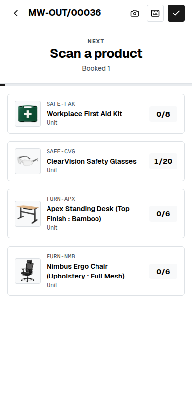 Fullfinity Barcode on a handheld scanner — the open pick list and running progress