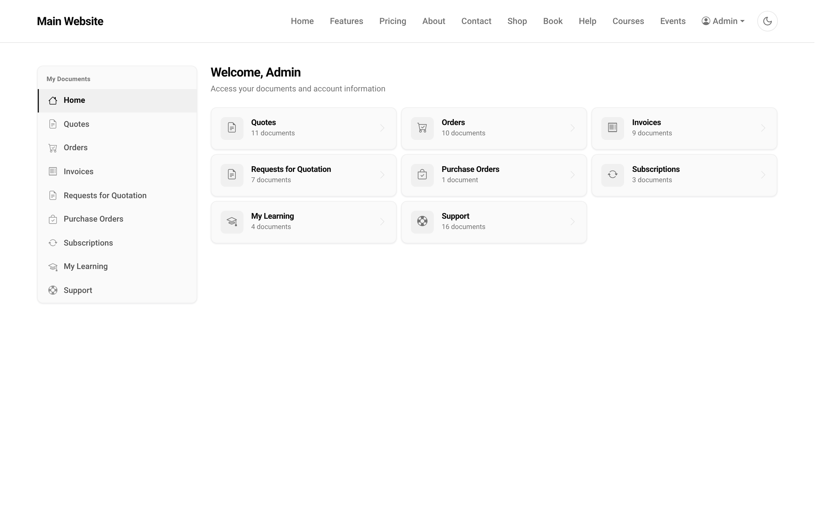 Fullfinity customer portal — a customer's own quotes, orders, invoices and tickets