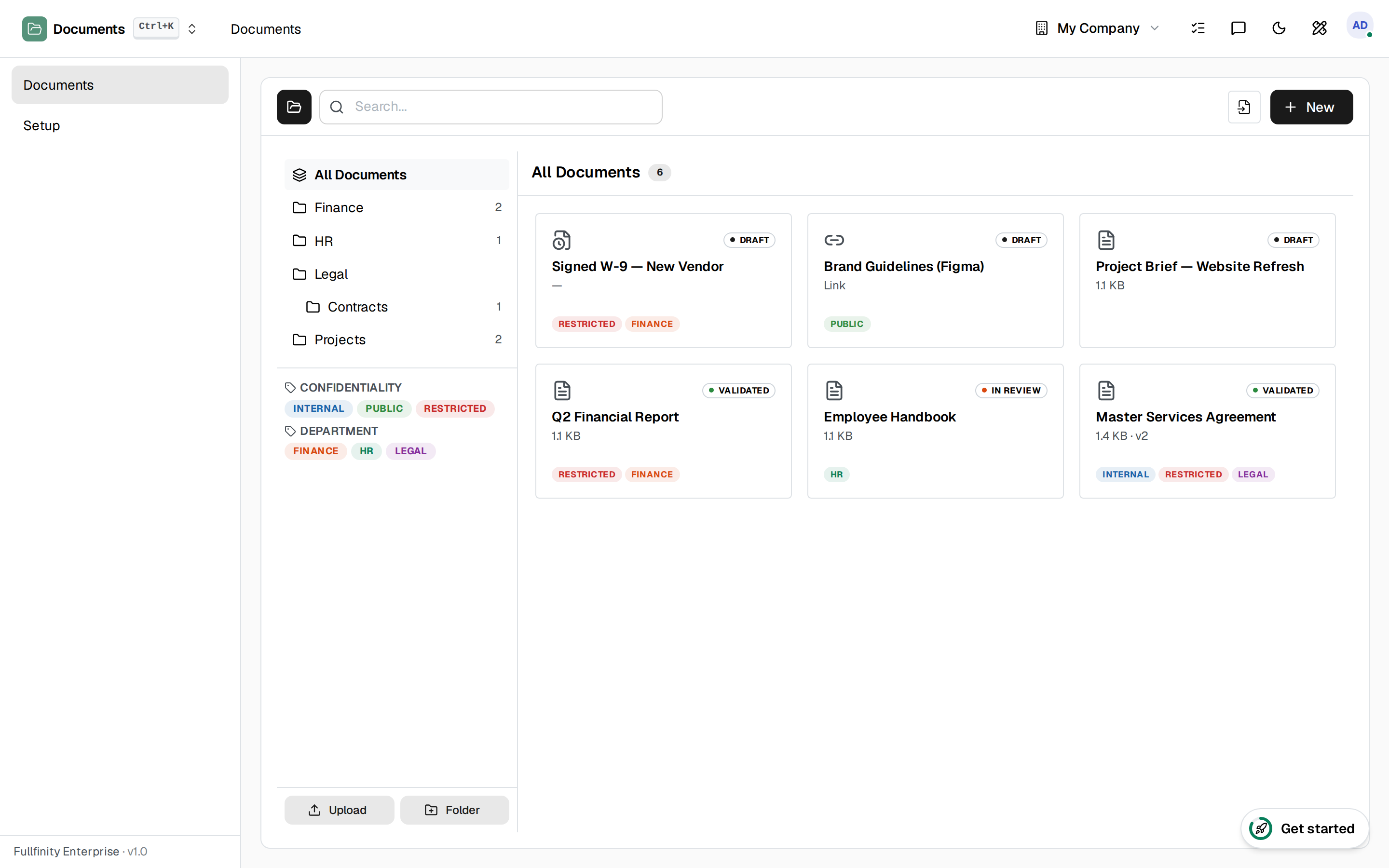 Fullfinity Documents — folder tree and file grid with versions and status
