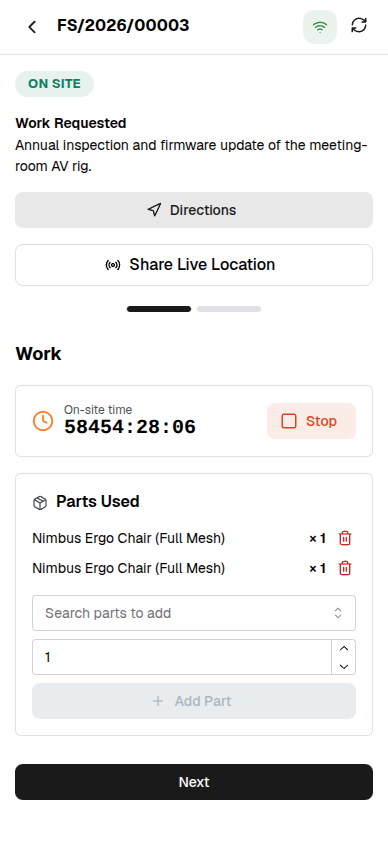 Fullfinity Field Service on a phone — the technician's on-site job, offline-ready