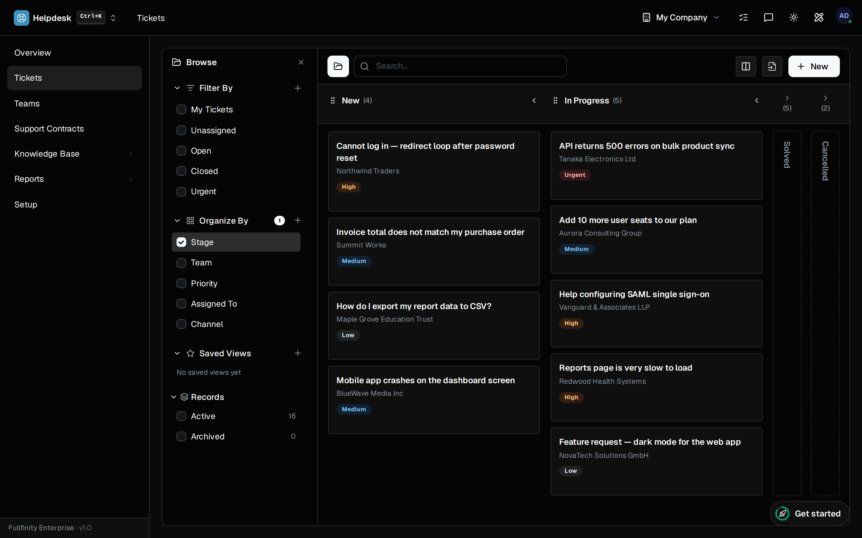 Fullfinity Helpdesk — support tickets on a board by stage