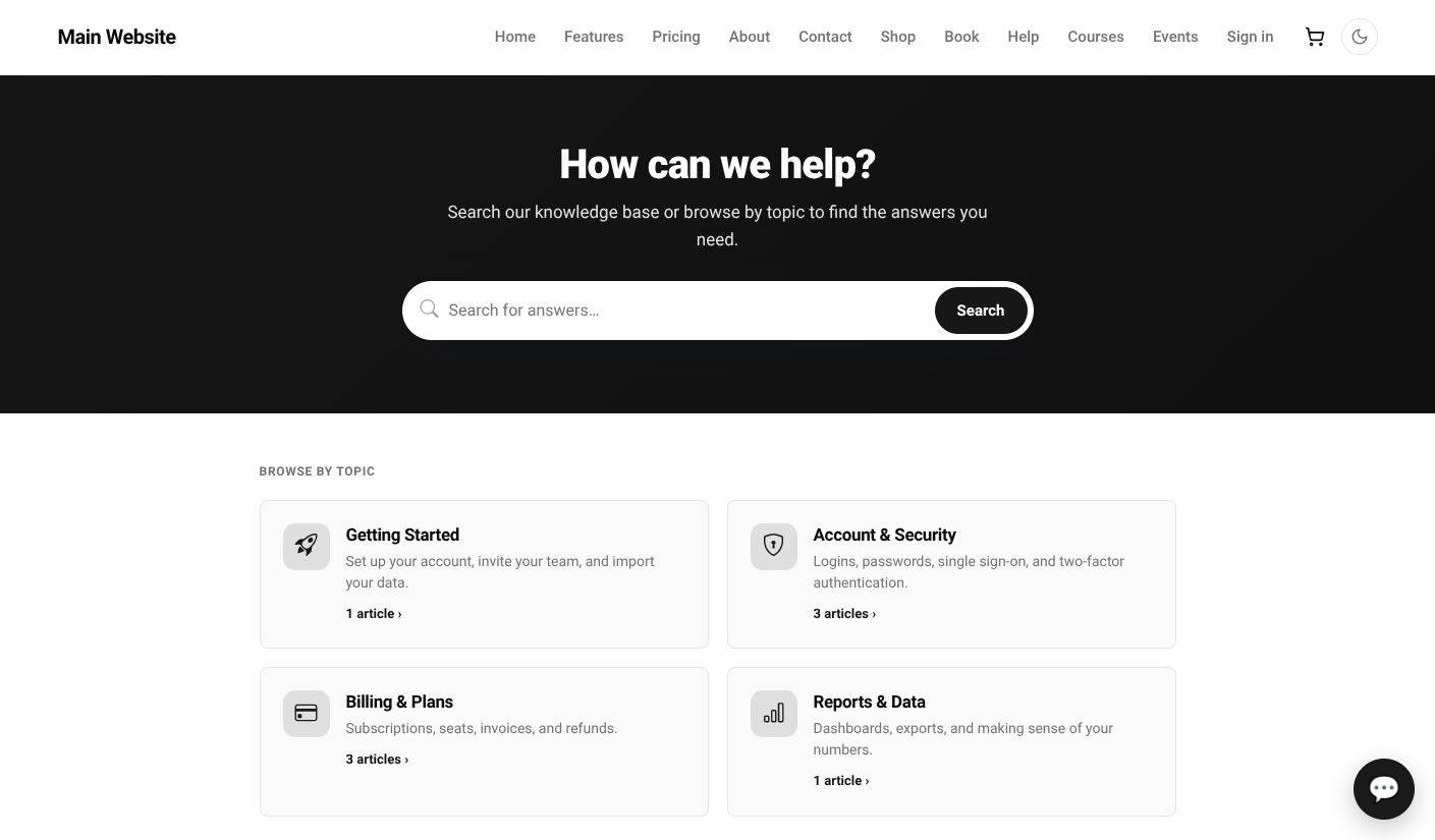 Fullfinity help centre — published knowledge base articles grouped by category