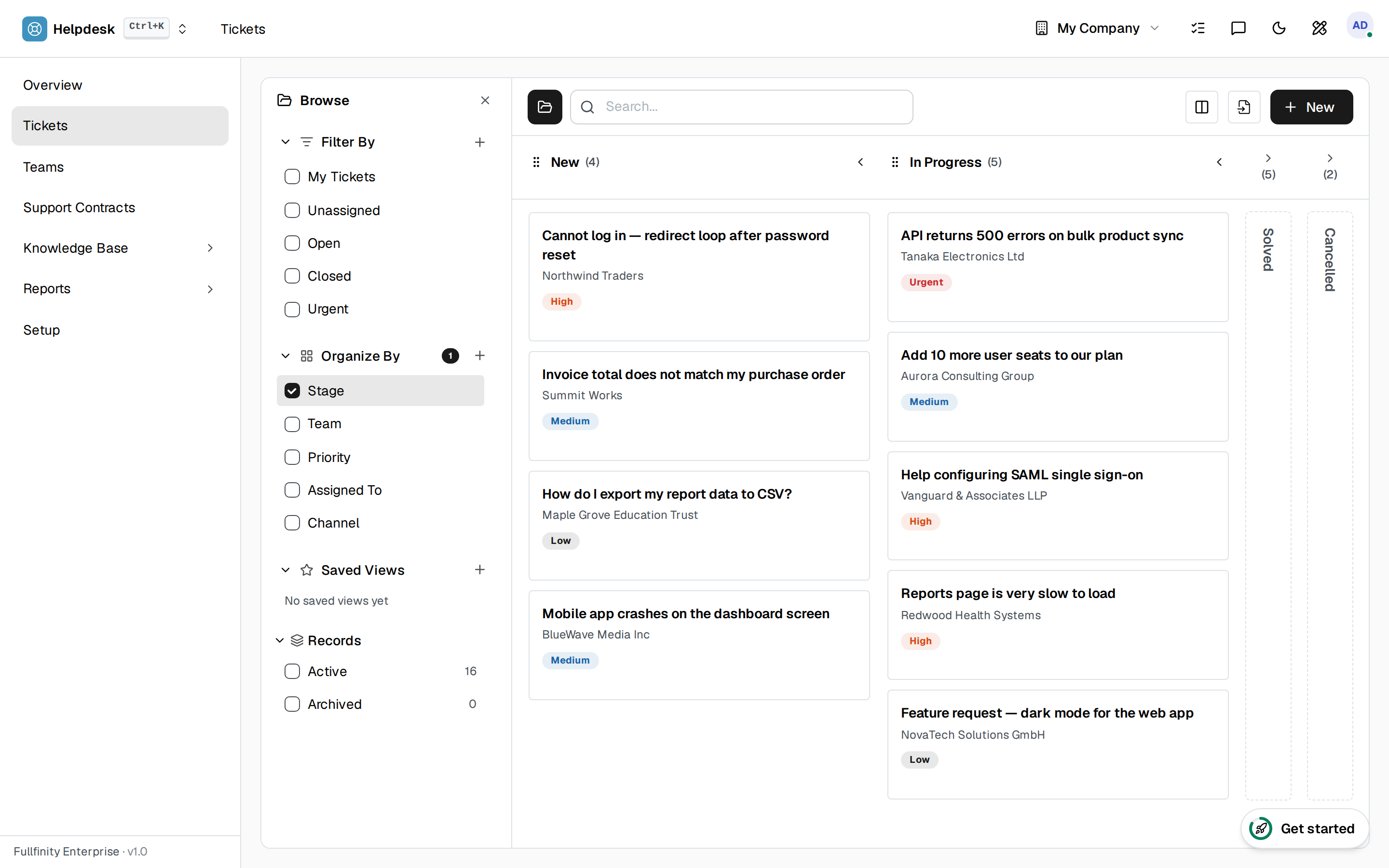 Fullfinity Helpdesk — support tickets on a board by stage