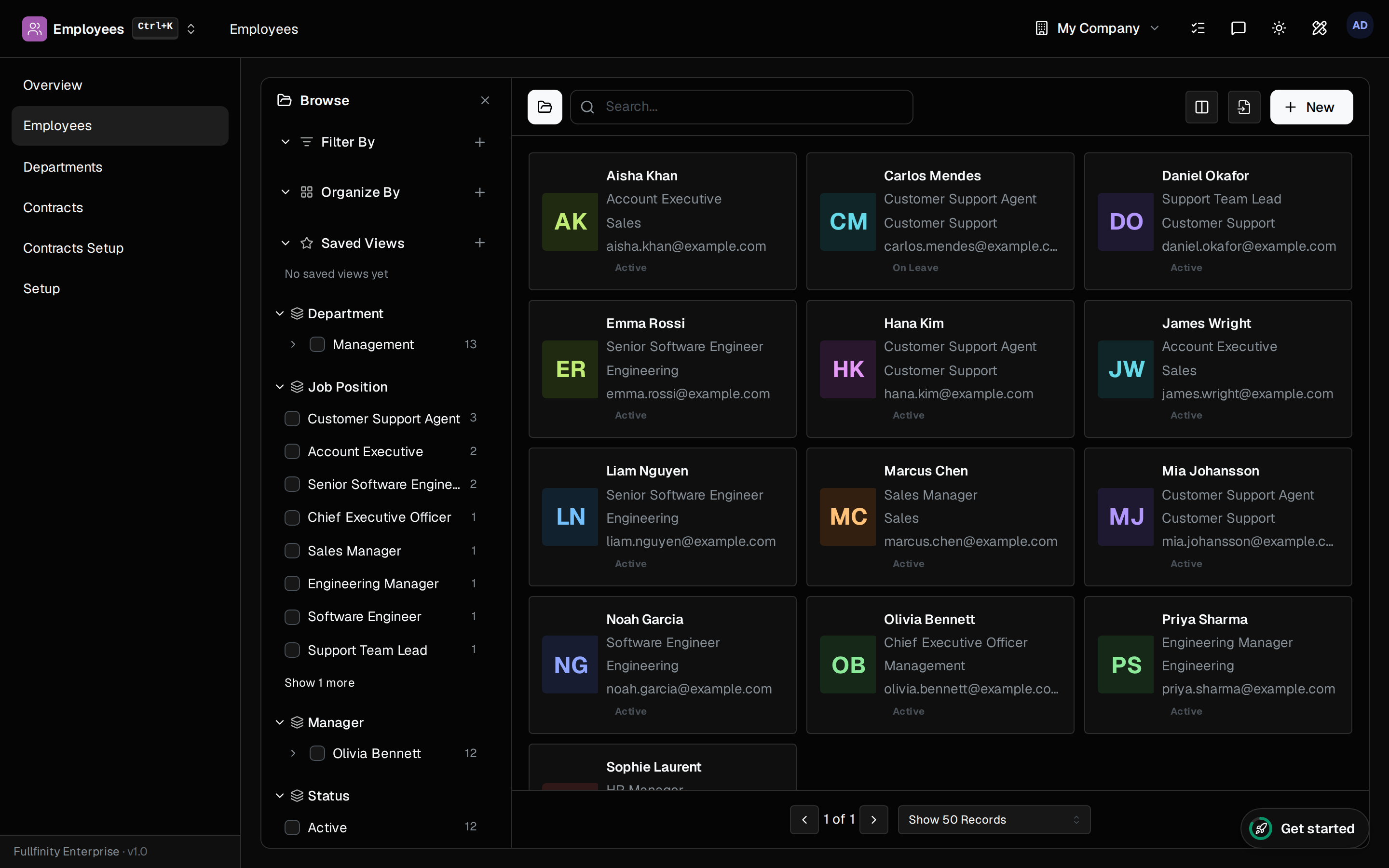 Fullfinity HR — employee directory with departments and roles