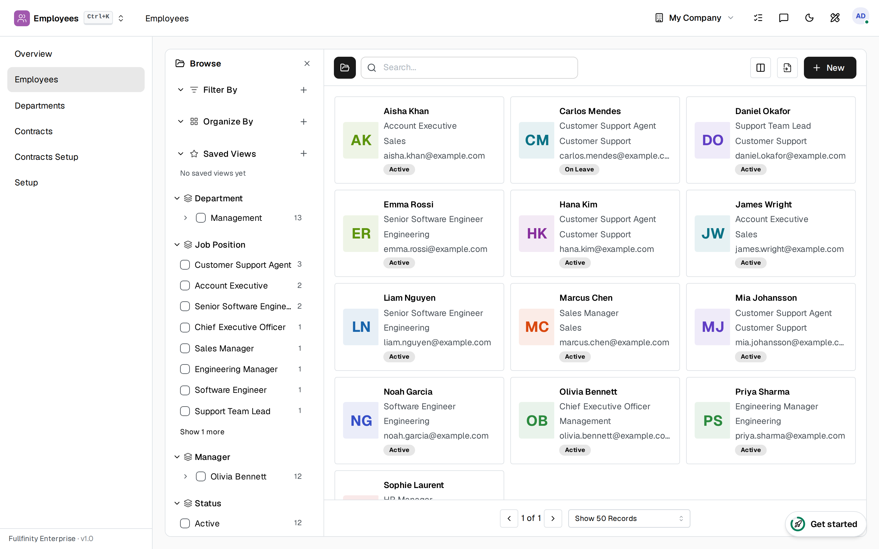 Fullfinity HR — employee directory with departments and roles
