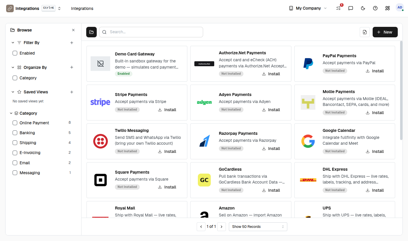 Fullfinity Integrations — connected payment, bank feed, shipping and messaging services