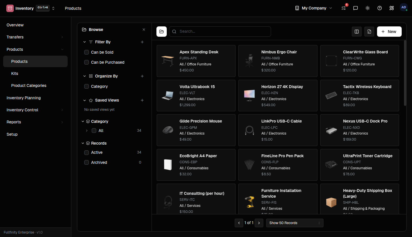 Fullfinity Inventory — product stock across warehouses