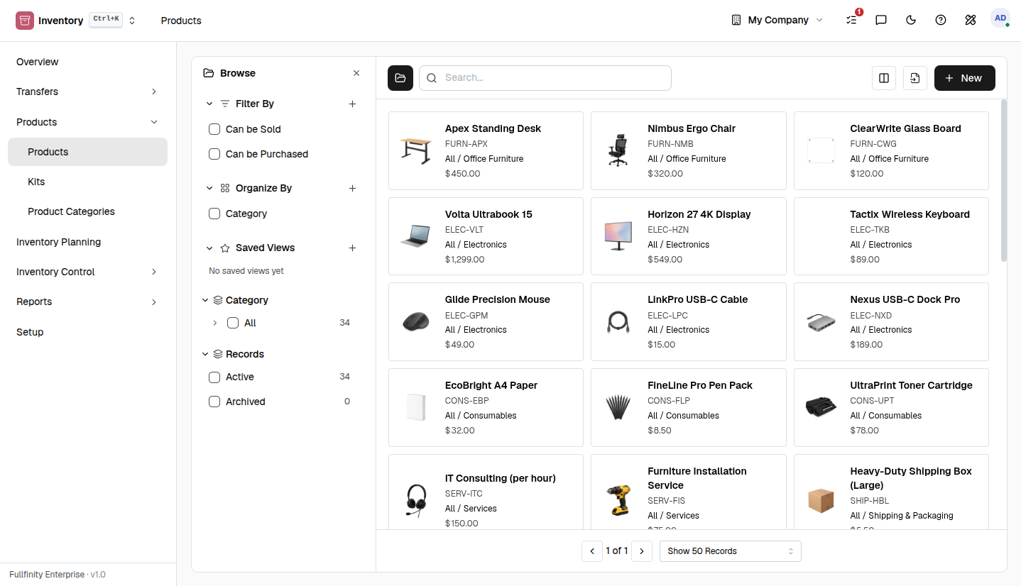 Fullfinity Inventory — product stock across warehouses