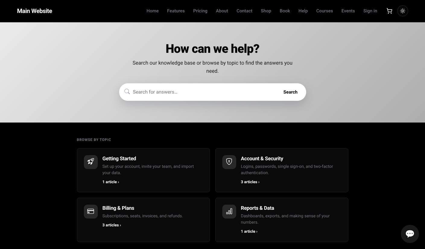 Fullfinity Knowledge Base — help articles with categories and helpful votes