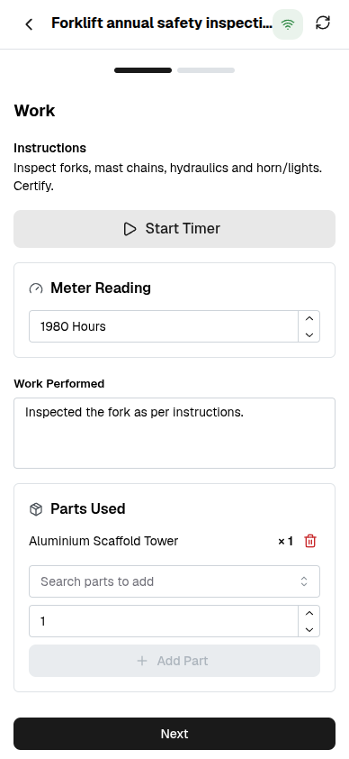 Fullfinity Maintenance Workbench on a tablet — assigned jobs with the on-site work timer