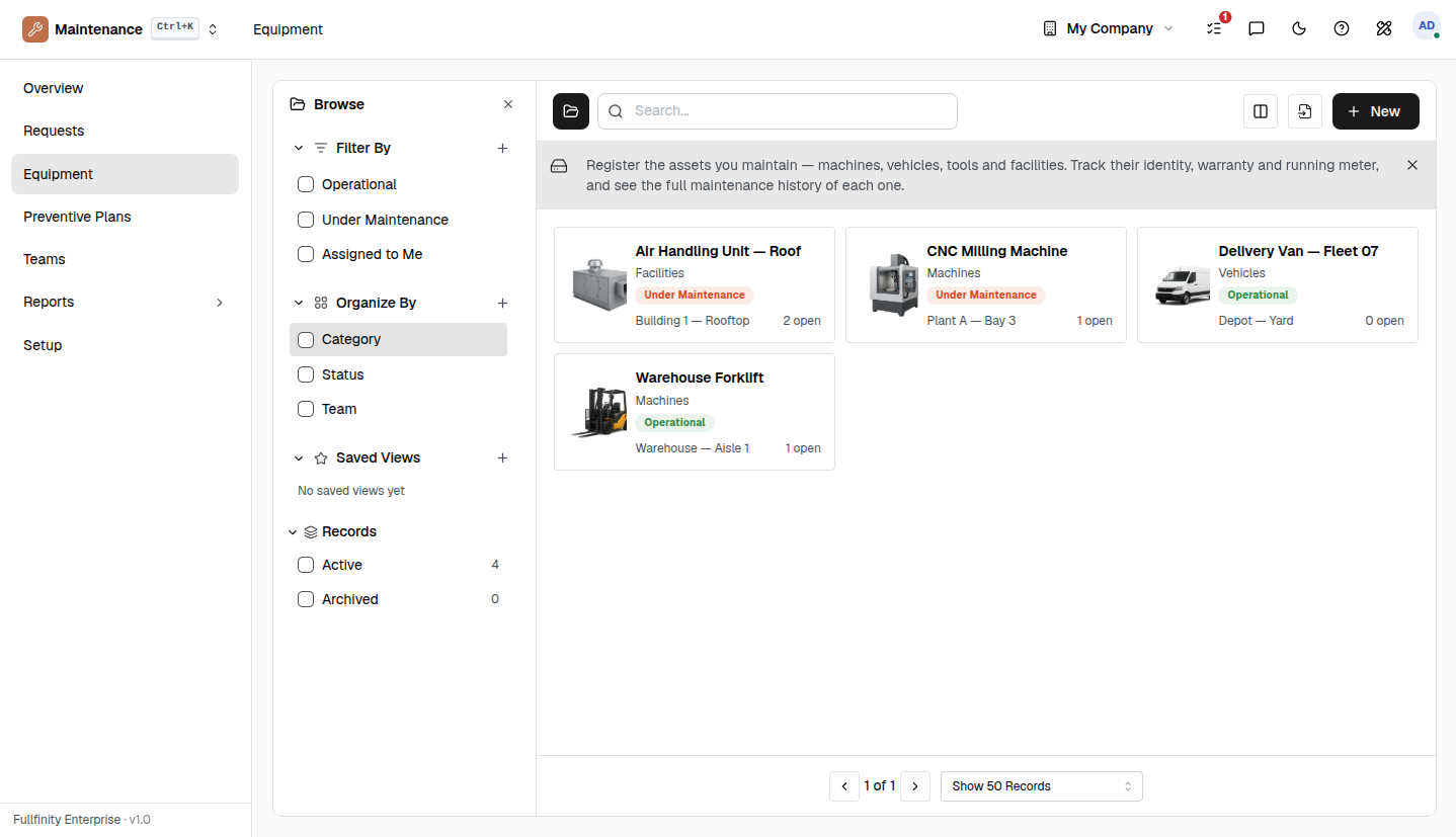 Fullfinity Maintenance — equipment, preventive plans and corrective requests across a kanban pipeline