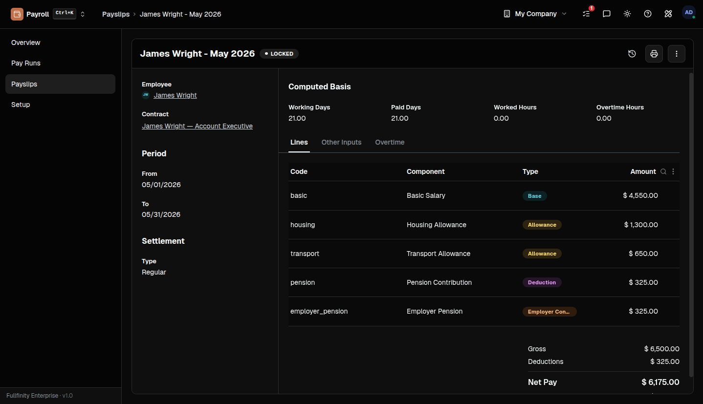 Fullfinity Payroll — payslips with gross, net and status