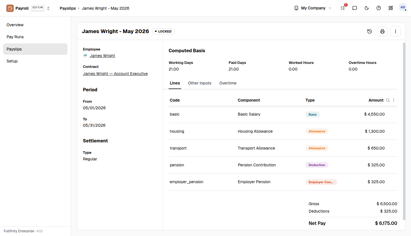 Fullfinity Payroll — payslips with gross, net and status