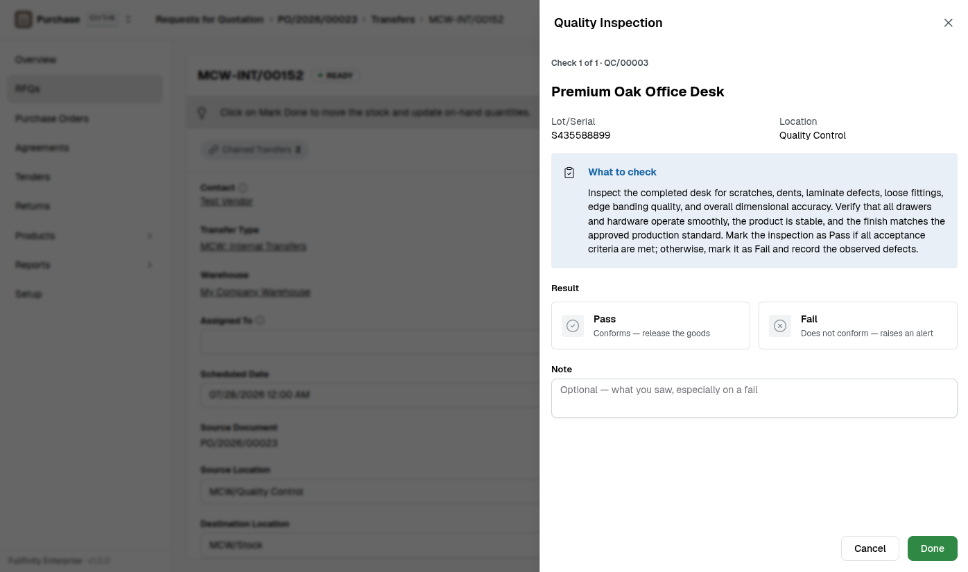 Fullfinity Quality — inspection checks with product, type, measurement and pass/fail status