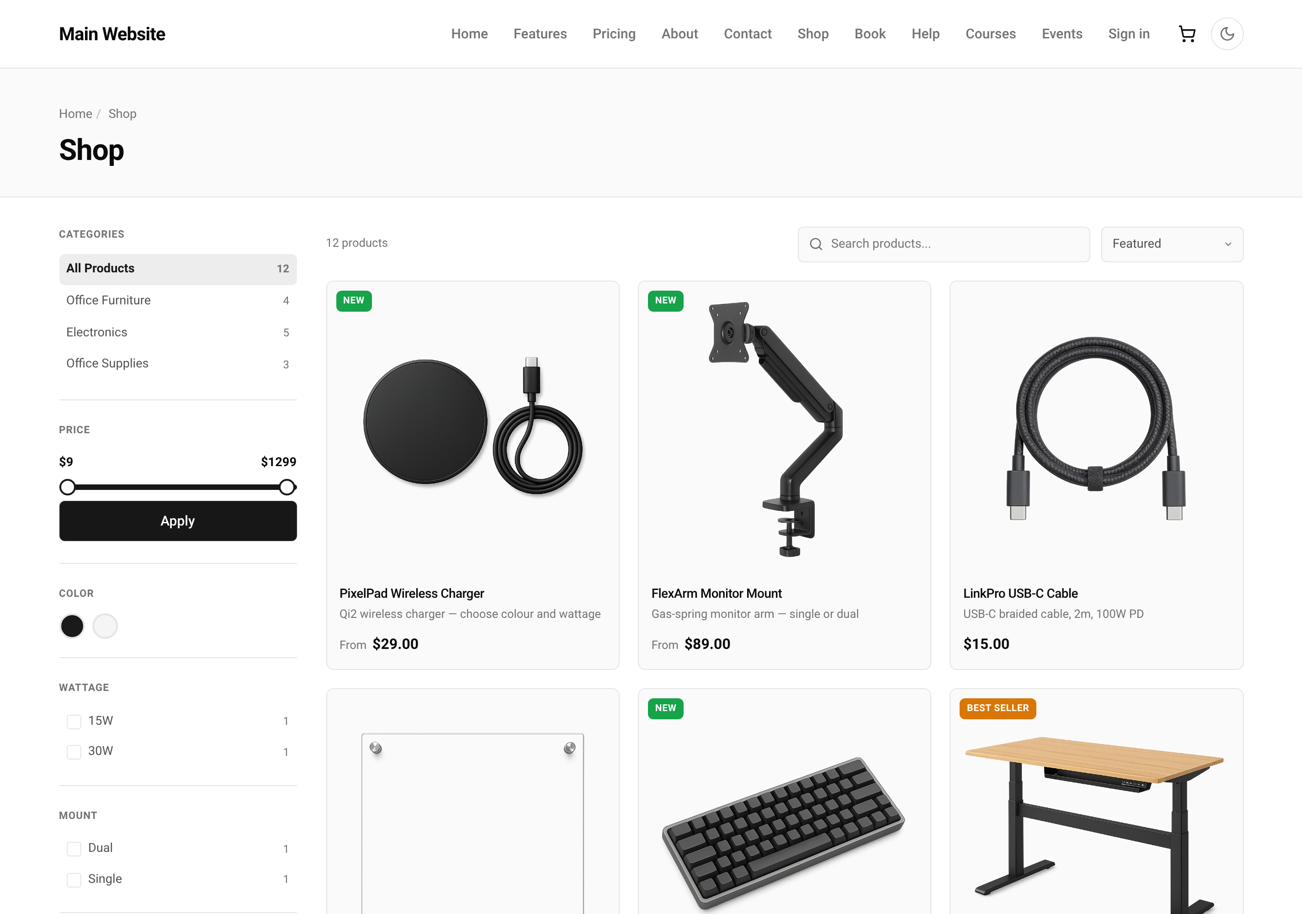 Fullfinity eCommerce — storefront with category filters, badges and product grid