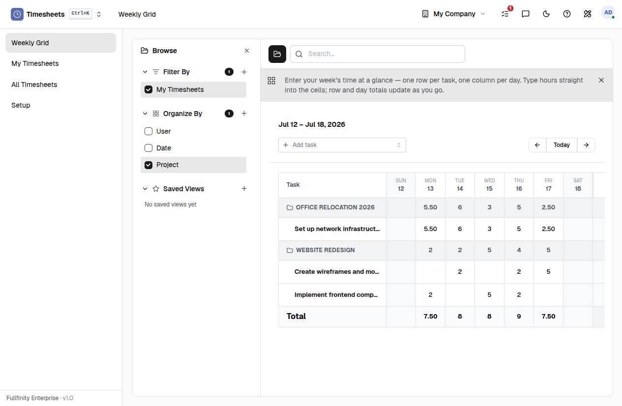 Fullfinity Timesheets — hours logged across projects and tickets in one list