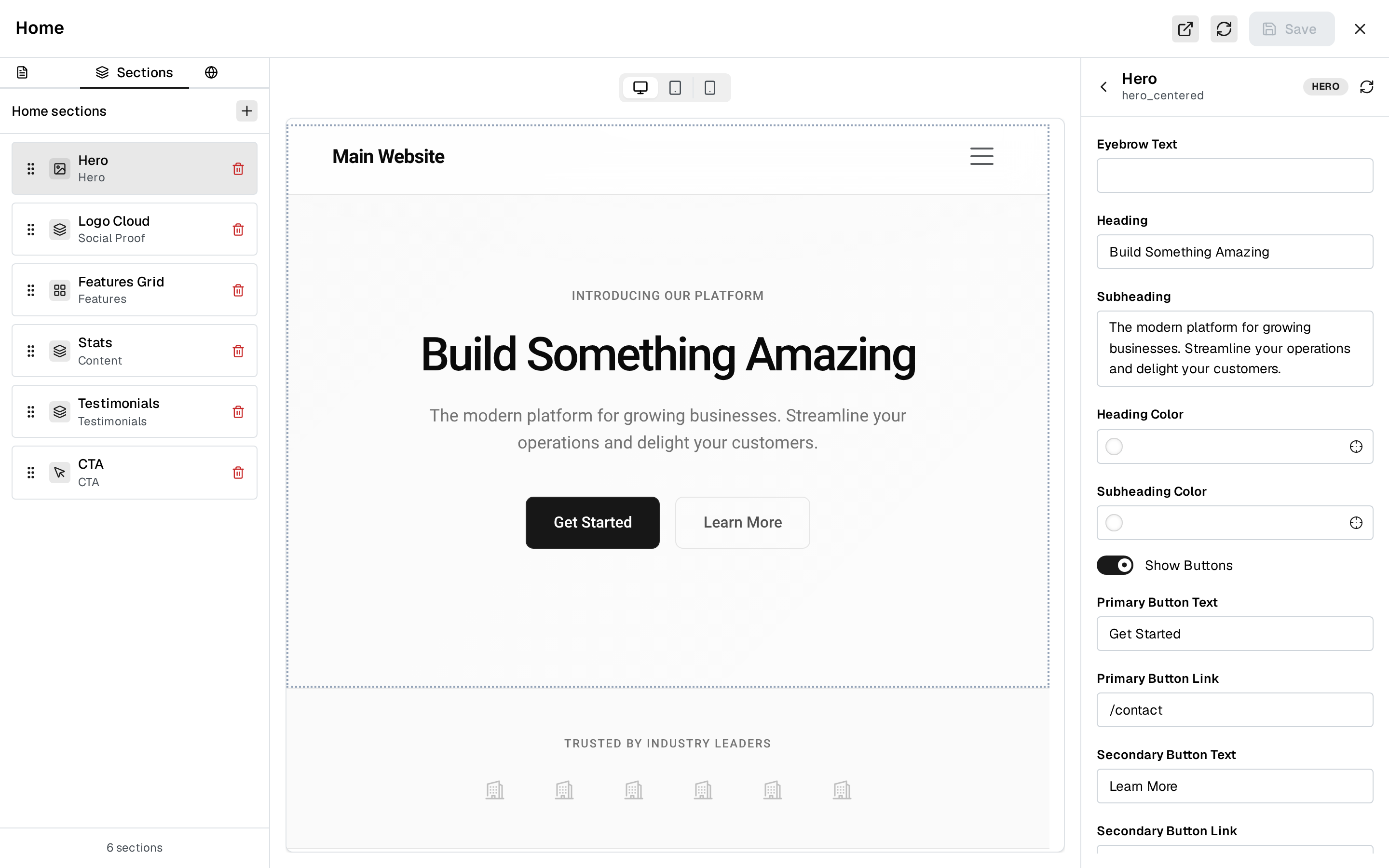 Fullfinity website builder — drag-and-drop sections with a live responsive preview